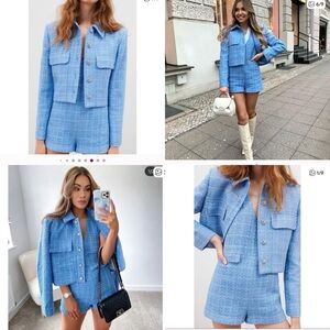 NWT Zara Blue Tweed Blazer and Shorts Set